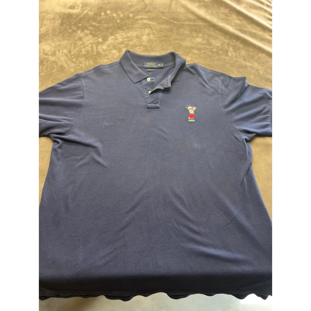 Polo Ralph Lauren Golfing Bear Navy Blue Mesh Polo Shirt Mens XXL Custom Fit